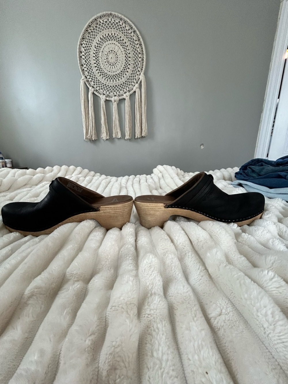 dansko Women’s Black Leather Slip-On Clog with Wood-Look Wedge Heel size 41